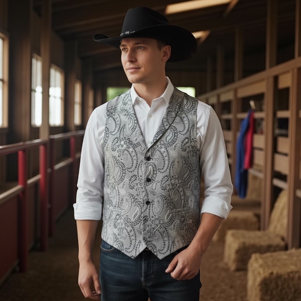 Diamond L R Western Vest Silver White Black Paisley Cowboy Rodeo Large made‎ Usa